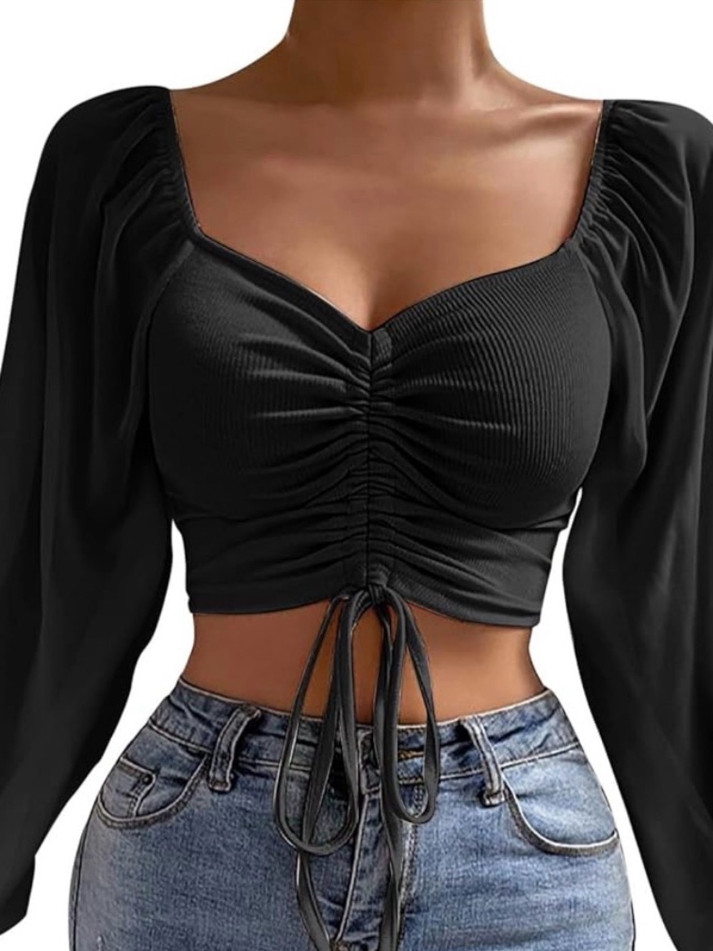 Black Ruched Front Peasant Sleeve Crop Top